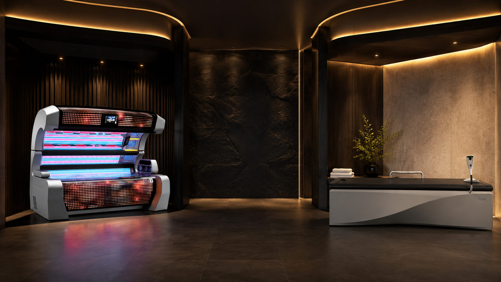 megaSun KBL P9S Solarium und Wellsystem Medical Überwassermassage-Liege im dunklen, eleganten Schwarz-Gold-Ambiente des Suns & Beauty Studios in Rülzheim