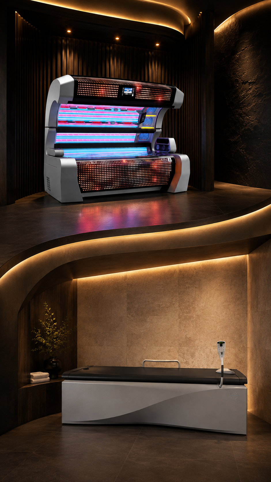 megaSun KBL P9S Solarium auf der oberen Ebene und Wellsystem Medical Überwassermassage-Liege auf der unteren Ebene im dunklen Schwarz-Gold-Ambiente des Suns & Beauty Studios in Rülzheim